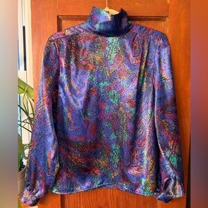 Vintage Notations Abstract Printed High Neck Long Sleeve Polyester Blouse Size 8